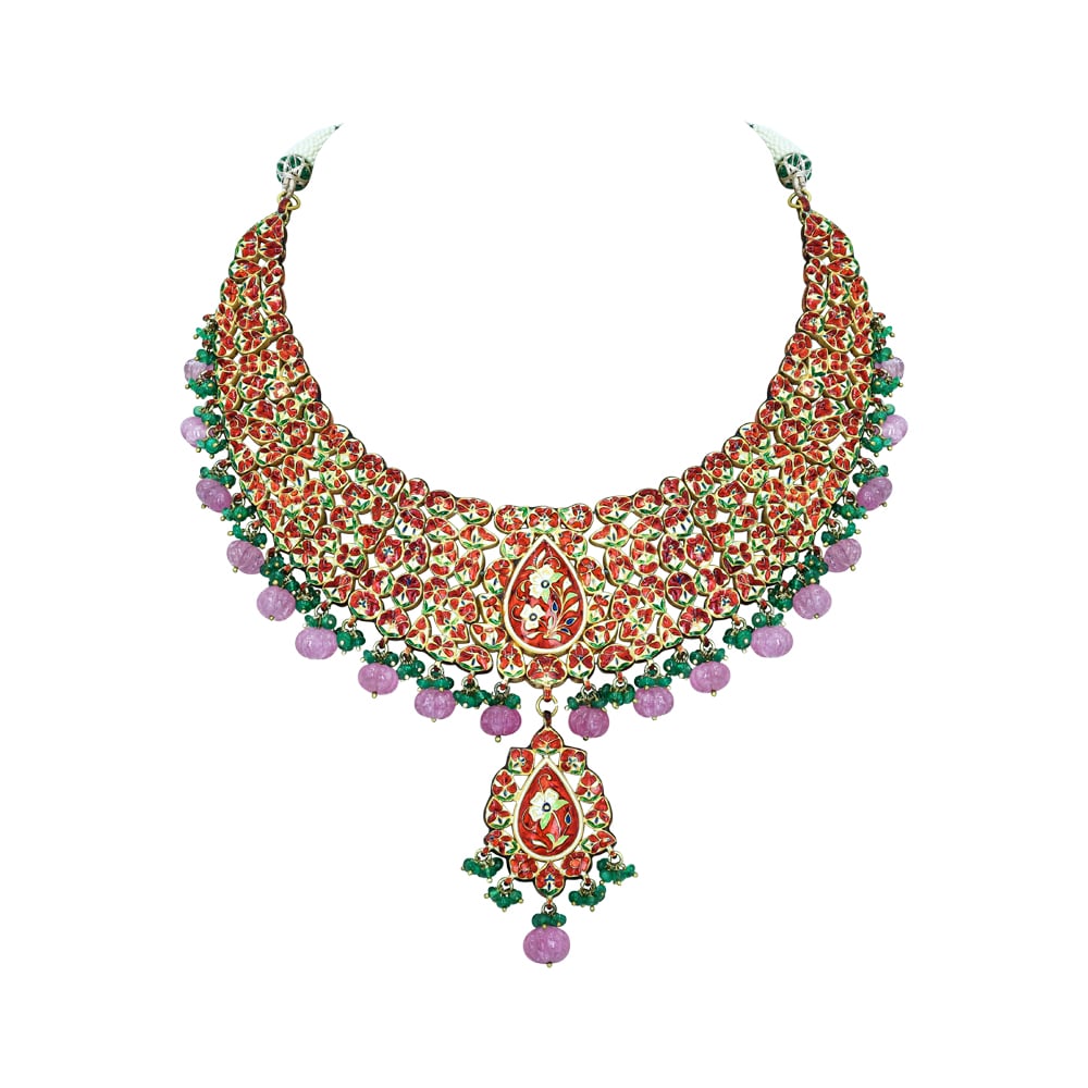 Polki Diamond Necklace Set with Green Stone and Pink Beads